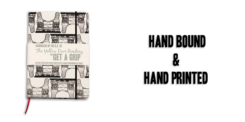 Hand bound recycled paper screenprinted journal printed by GET A GRIP, hand bound by The Yellow Door Book Bindery